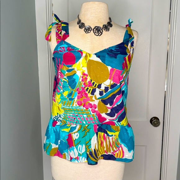 J Crew Women's Tie Shoulder Peplum Top Seaside Floral Shirt Blue Pink Sz 2 NWT - Picture 1 of 7